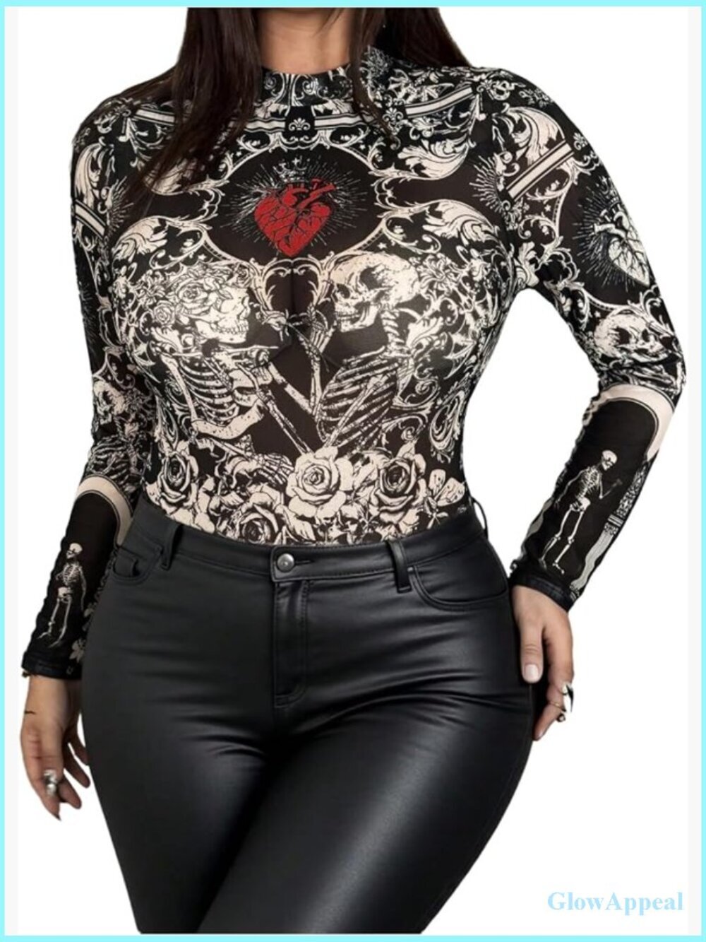 Plus Size Gothic Sheer Mesh Long Sleeve Mock Neck T-Shirt Y2k Punk Going Out Top